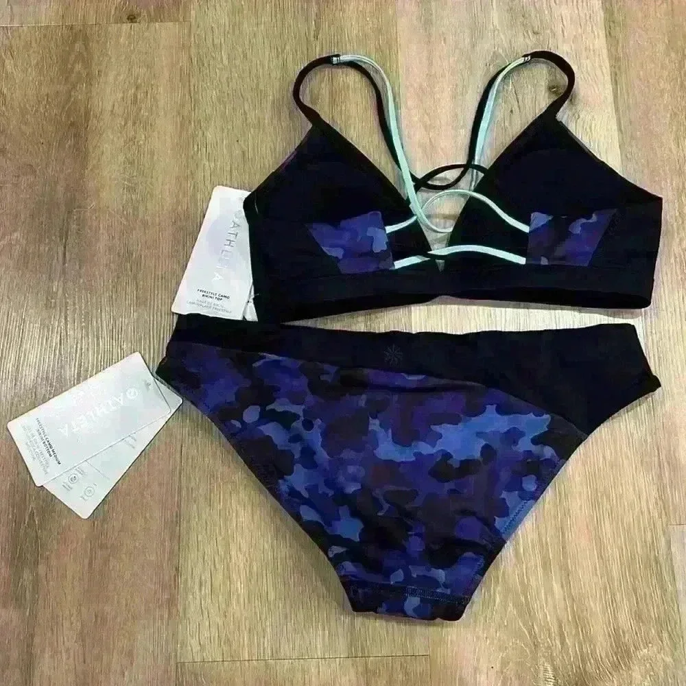Athleta freestyle camo bikini swimsuit top and bottom blue black print - Picture 6 of 6
